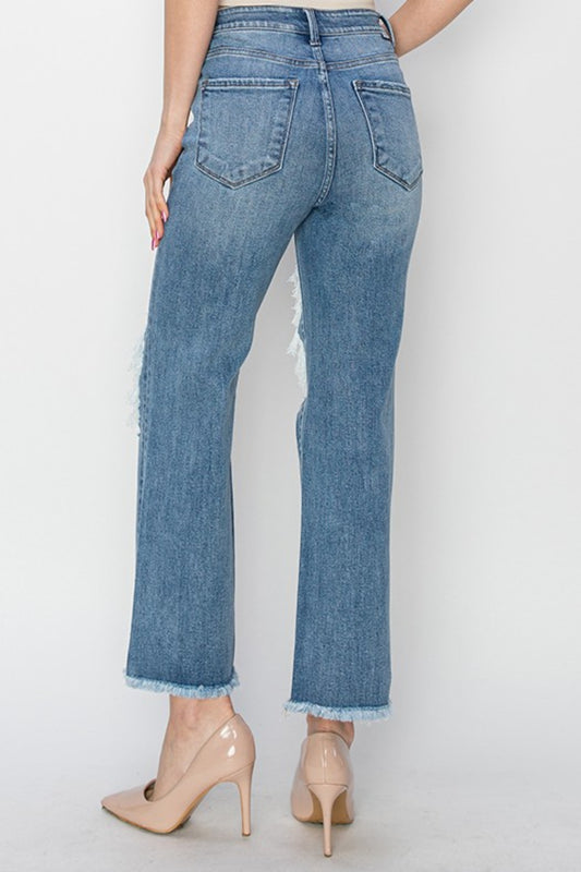 RISEN | High Rise Distressed Crop Straight Jeans