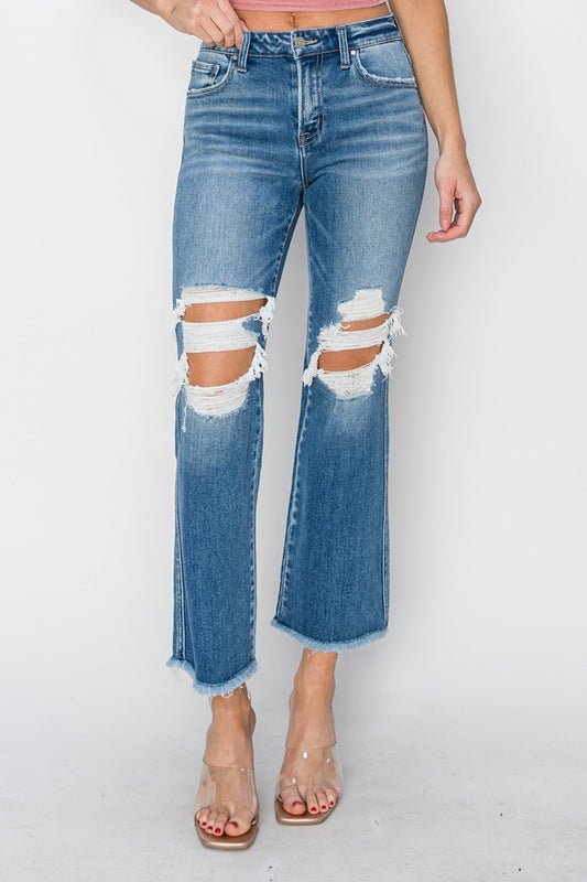 RISEN | Mid Rise Distressed Cropped Flare Jeans