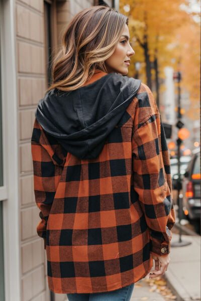 In The Rust Plaid Hooded Shacket