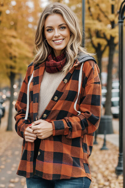 In The Rust Plaid Hooded Shacket